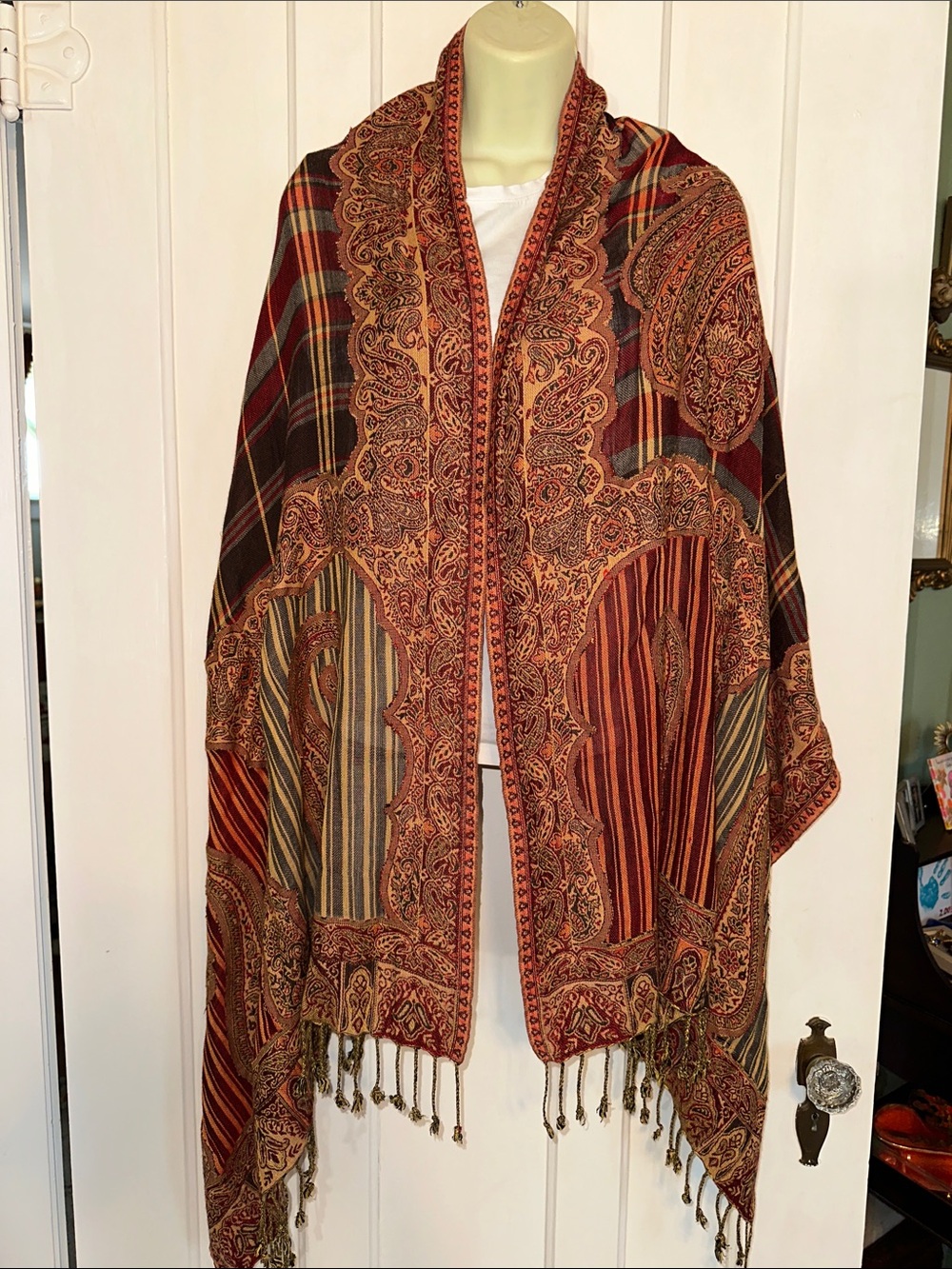 Boho Paisley & Plaid Fringe Wrap in Rust & Brown